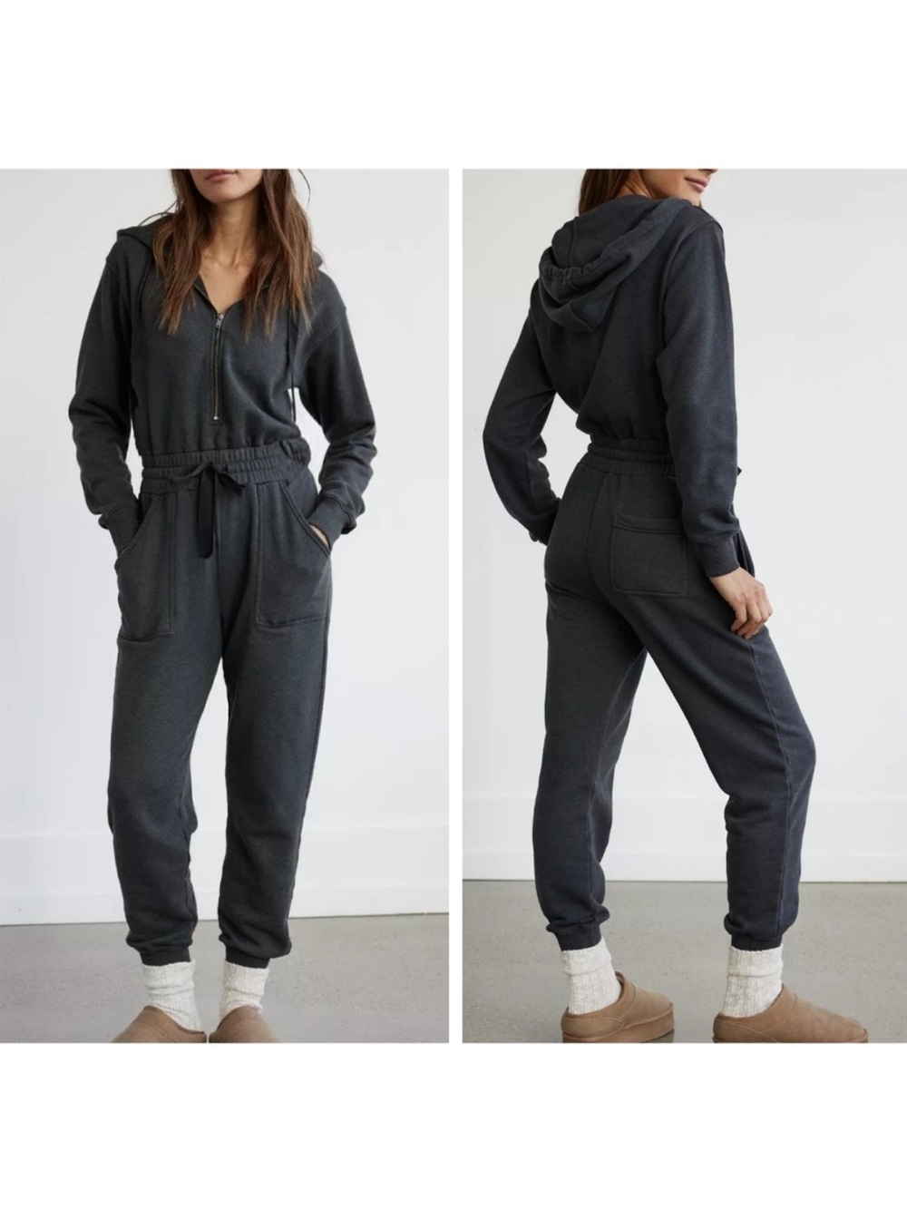 American Eagle Feels So Good Charcoal Hooded Zip-Front Jumpsuit - XXL